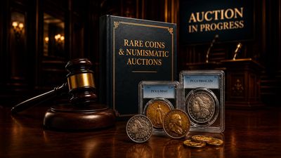 Rare coins and auction items on a wooden table with a gavel.