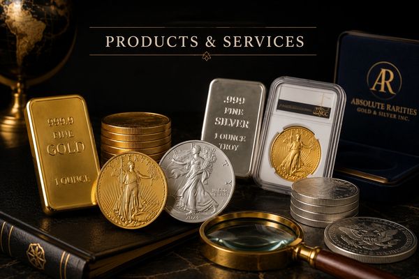 Gold and silver bullion coins and bars displayed.