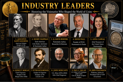 Collage honoring industry leaders in coin design and numismatics.
