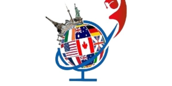 Globe with flags and famous landmarks.