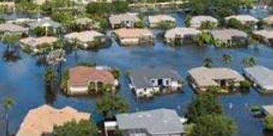 Flooded residential area with many houses surrounded by water.