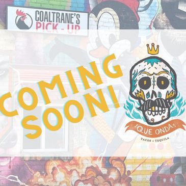 Colorful mural with skull logo and 'Coming Soon' text for a taco and tequila spot.