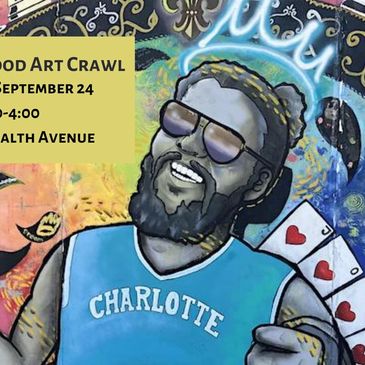 Colorful mural of a man in sunglasses holding playing cards with event details on the side.