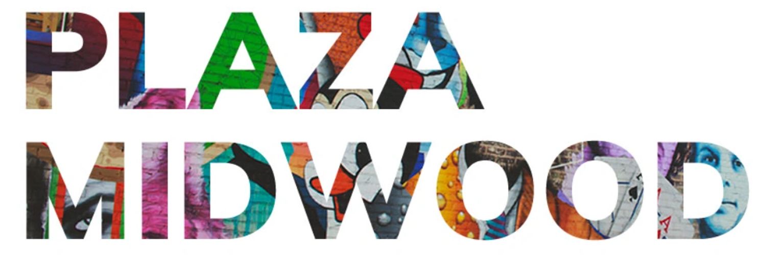 Colorful graffiti fills the text 'PLAZA MIDWOOD' with vibrant urban art.