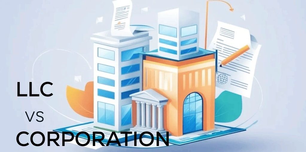 Illustration comparing LLC and Corporation business structures.