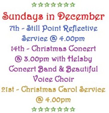 December Sundays event schedule with reflective service, Christmas concert, and carol service.