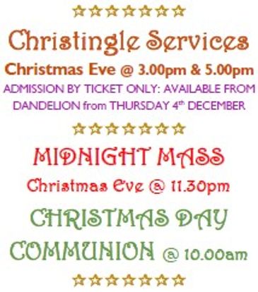 Announcement of Christmas Eve and Christmas Day church services with times and ticket info.