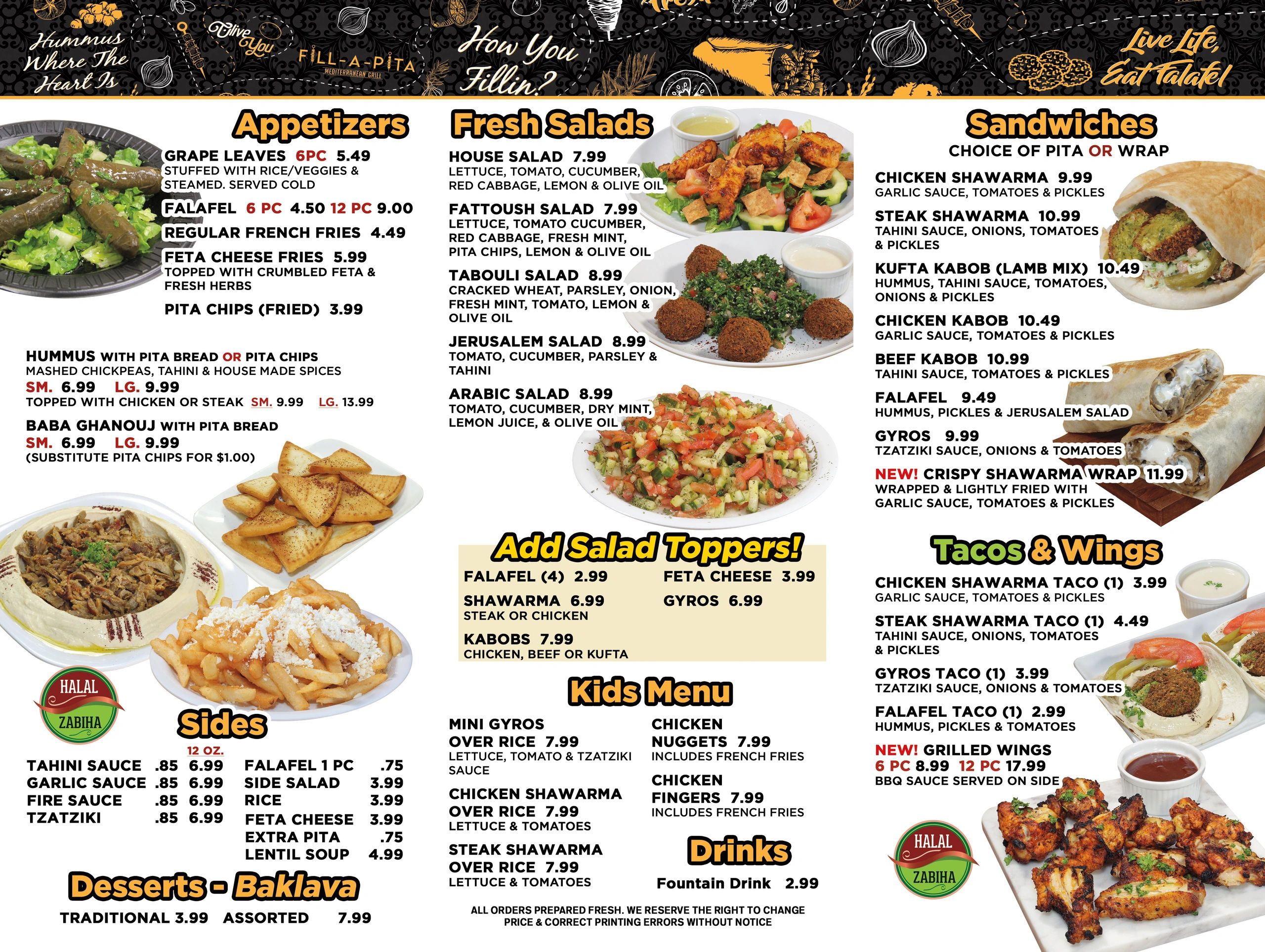 Mediterranean restaurant menu featuring appetizers, salads, sandwiches, sides, kids menu, and drinks.