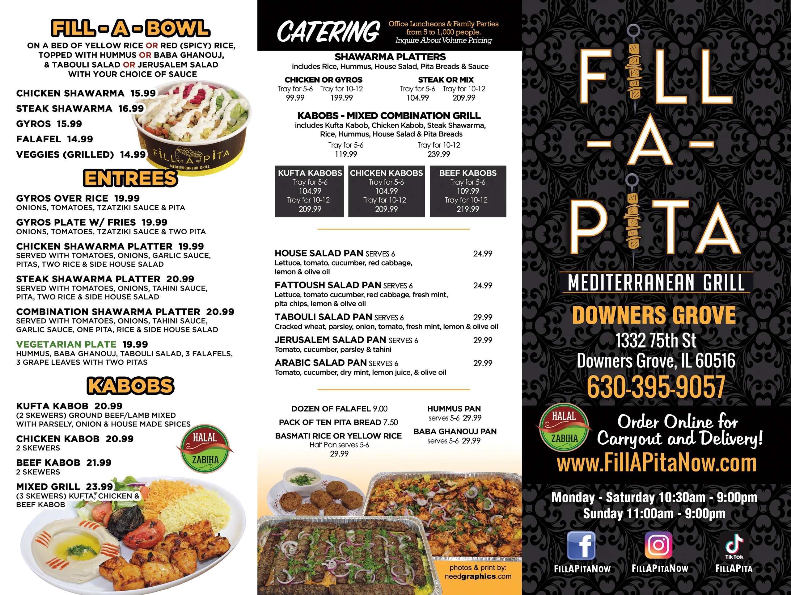 Mediterranean grill menu featuring shawarma, kabobs, salads, and catering options.