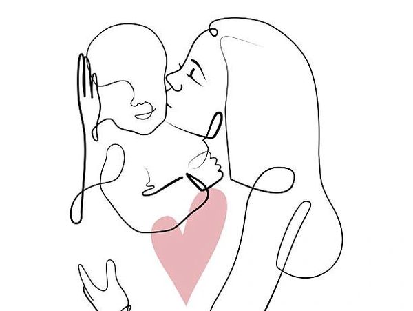 A continuous line drawing of a mother holding and kissing her child with a pink heart.
