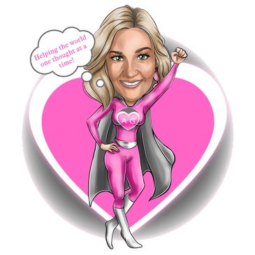 Cartoon superhero woman in pink with a heart background and motivational message.