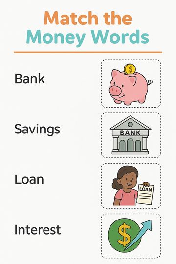 Matching money words with their images for financial learning.