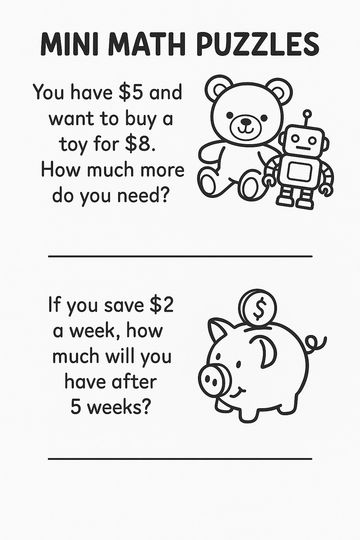 Mini math puzzles with teddy bear, robot, and piggy bank illustrations.