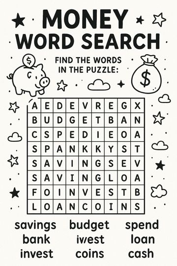 Money-themed word search puzzle with financial terms to find.
