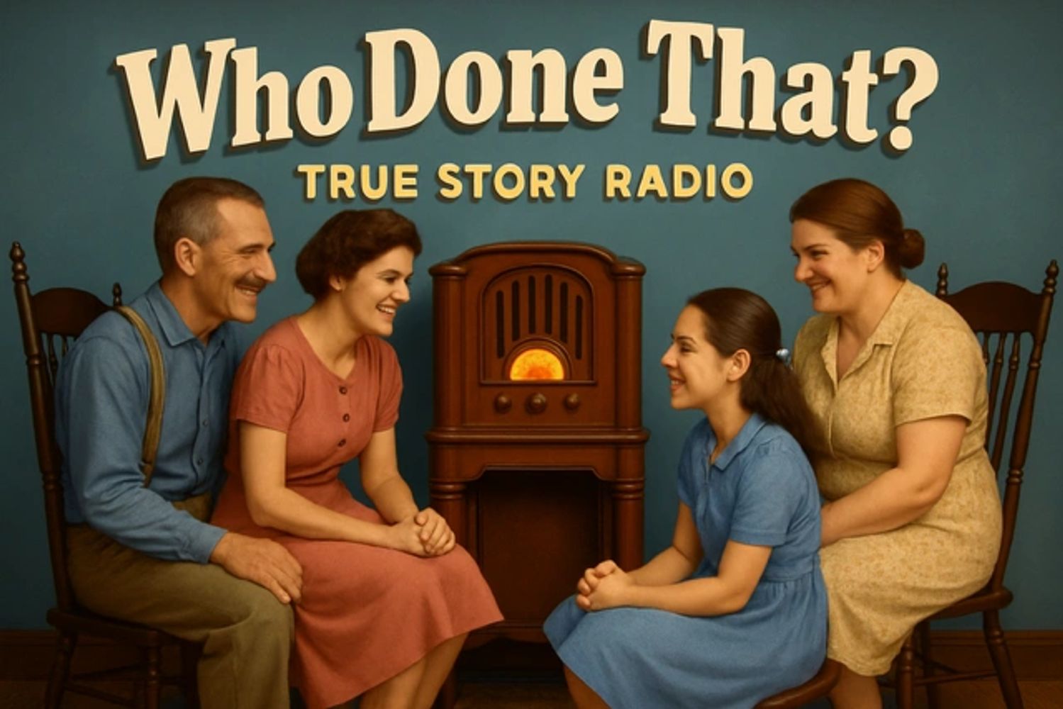 A family gathered around an old radio with 'Who Done That? True Story Radio' text above.