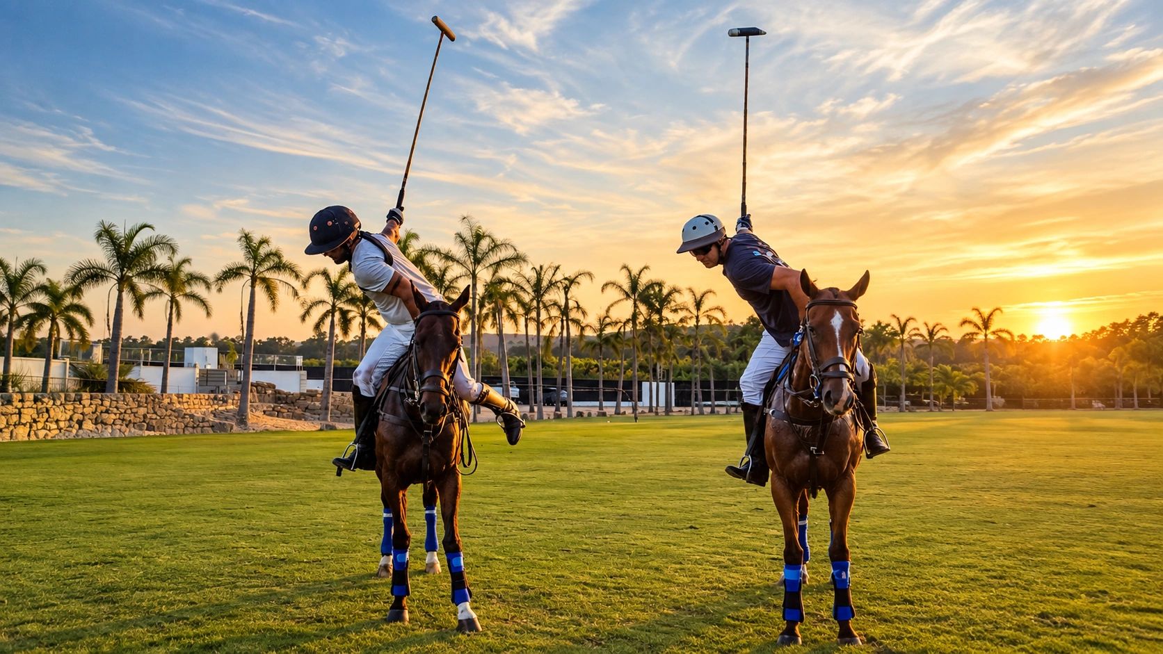 Private polo coaching session at sunset at Herencia Polo estate in Sotogrande