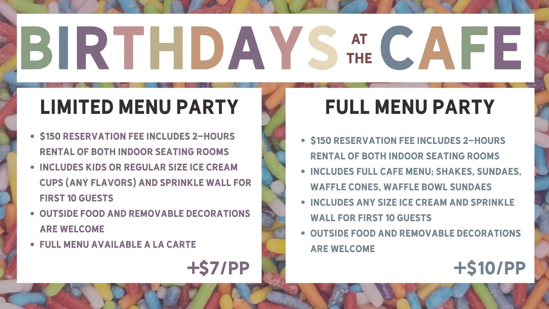 Colorful birthday party menu options at the cafe with limited and full menu choices.