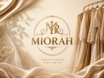Elegant fashion branding with gold text on cream background.