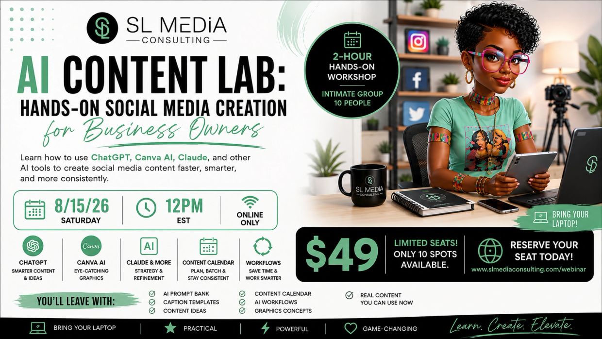 AI Content Lab offers a hands-on social media workshop for business owners using ChatGPT, Canva AI, and Claude.