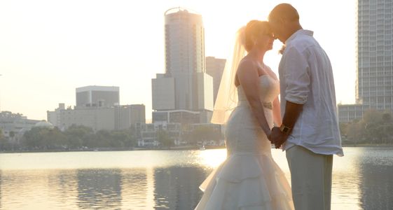 wedding couple by a lake