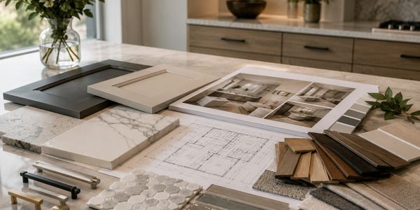 Interior design samples and blueprints on a marble countertop.