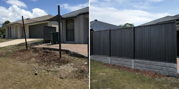 Before and after images of a yard with a newly installed black metal fence.