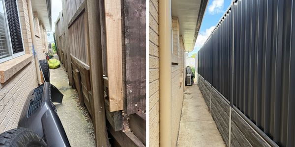 Before and after photos of a narrow outdoor space renovation.