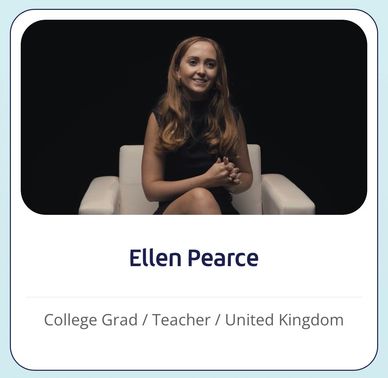 Portrait of Ellen Pearce, a college grad and teacher from the UK, smiling while seated.