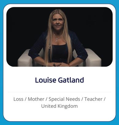 Portrait of Louise Gatland with descriptive tags below her name.