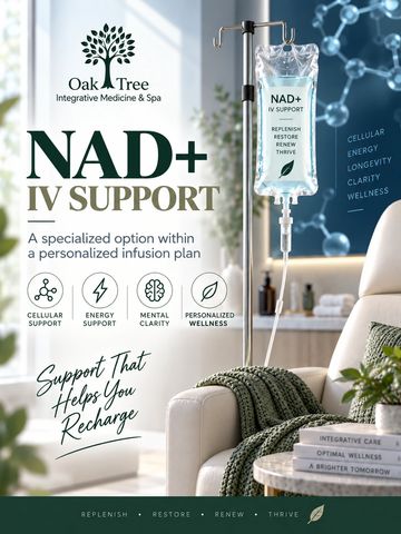 NAD+ IV Support by Oak Tree Integrative Medicine &amp; Spa for cellular and mental wellness.