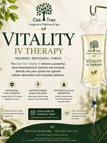 Oak Tree Vitality IV Therapy infusion bag and informational poster.