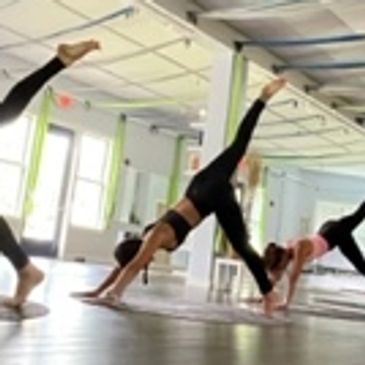Women holding a plank to downward dog yoga Pilates pose 
