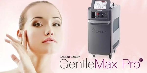 GentleMax Pro laser device with a woman showcasing smooth skin.