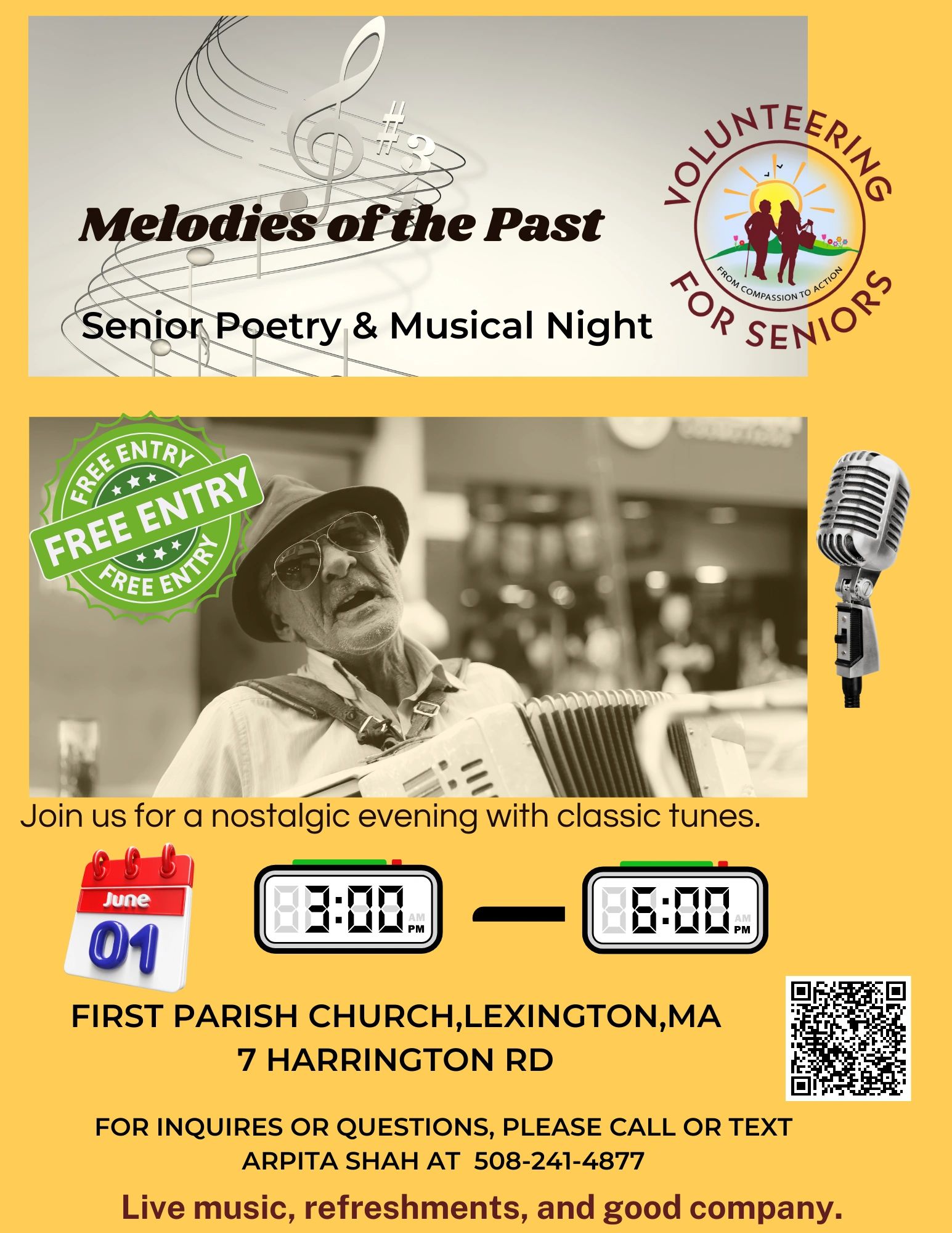 Poster advertising the VFS melodies of the past senior poetry and music night on June 1st, 2024.