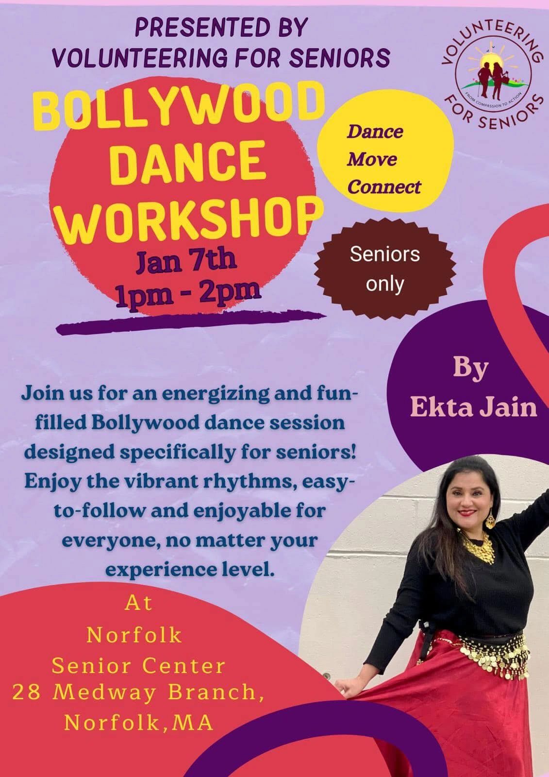 Poster for Bollywood Dance Workshop at senior center in Norfolk, MA on Jan 7, 2025.
