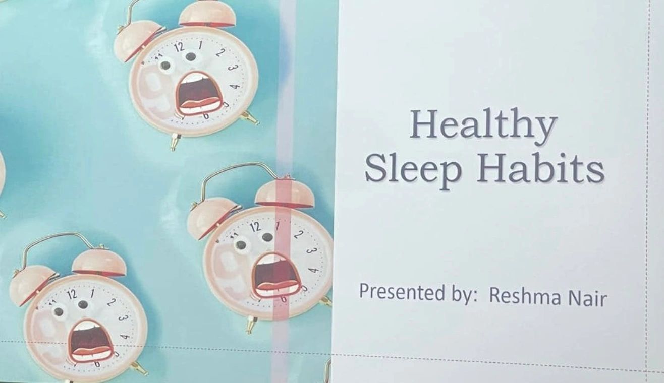 Health Sleeo Habits presentation title next to three alarm clock analog faces with mouths opened wide.