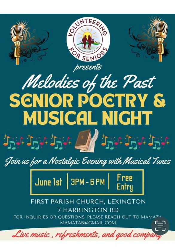 Poster advertising the VFS melodies of the past senior poetry and music night on June 1st, 2024.