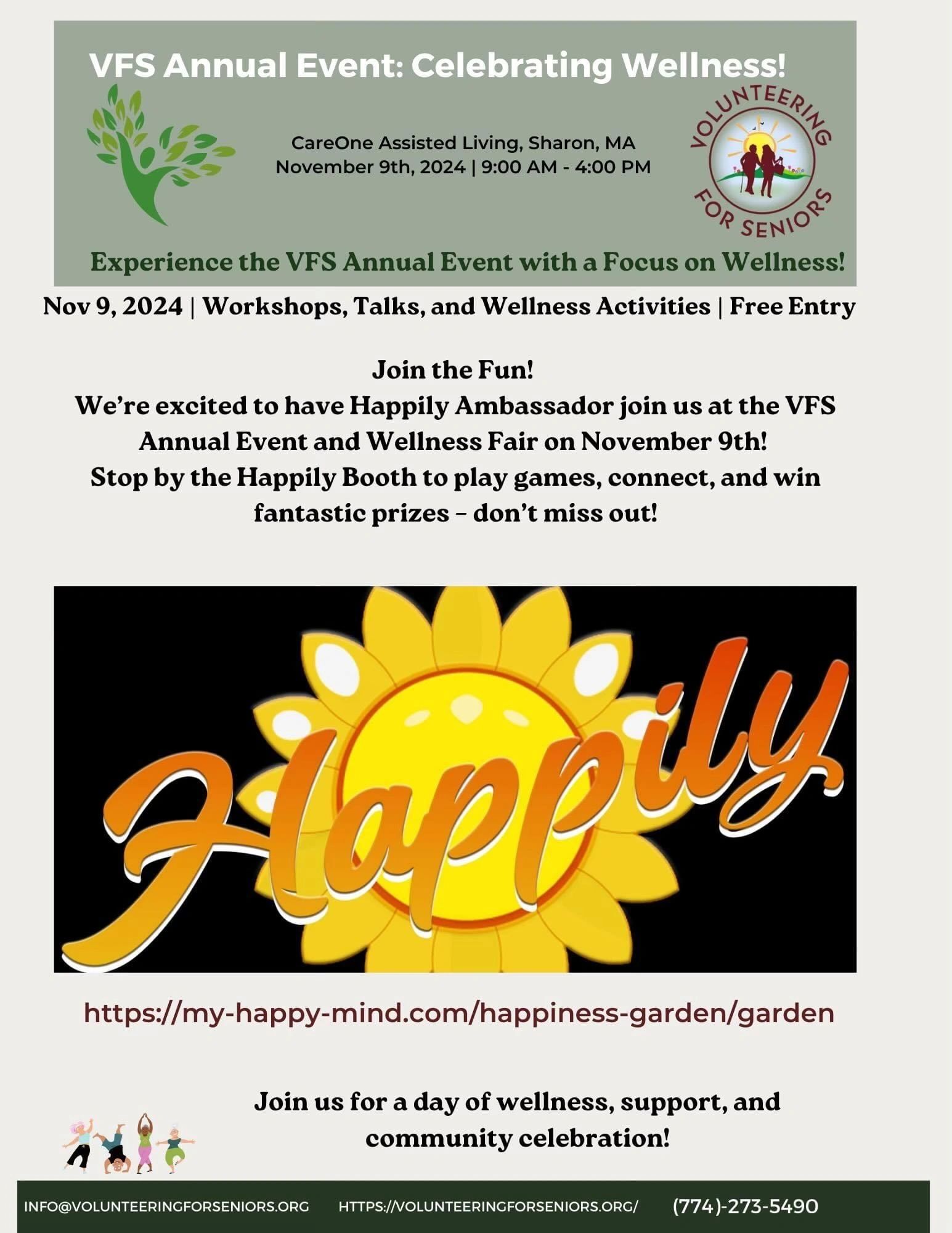Happy MInd dot com logo and info about tye VFS wellness fair.