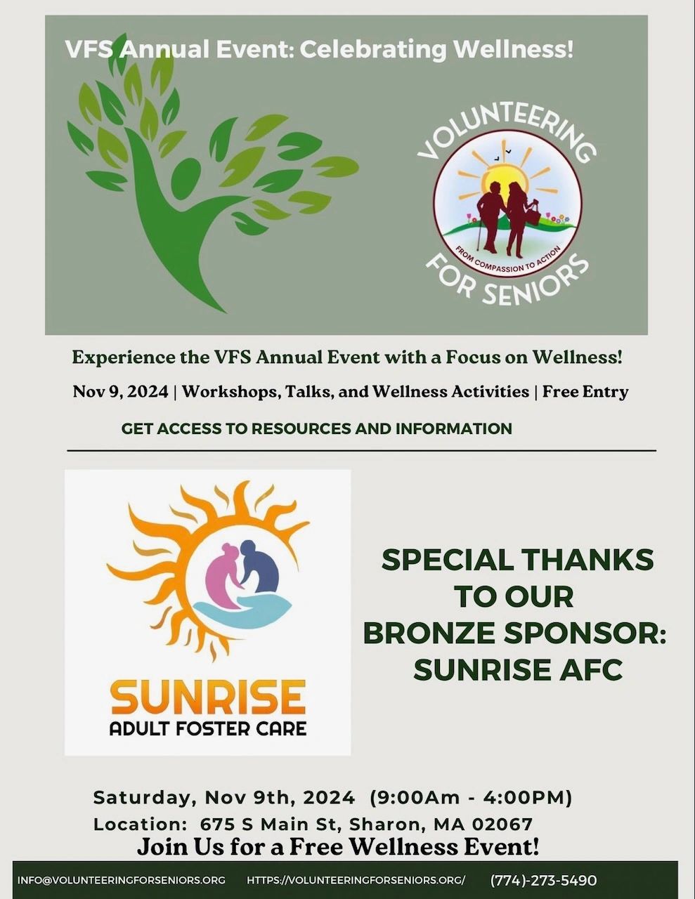 Sunrise Adult Foster Care, Sharon, MA logo on poster.