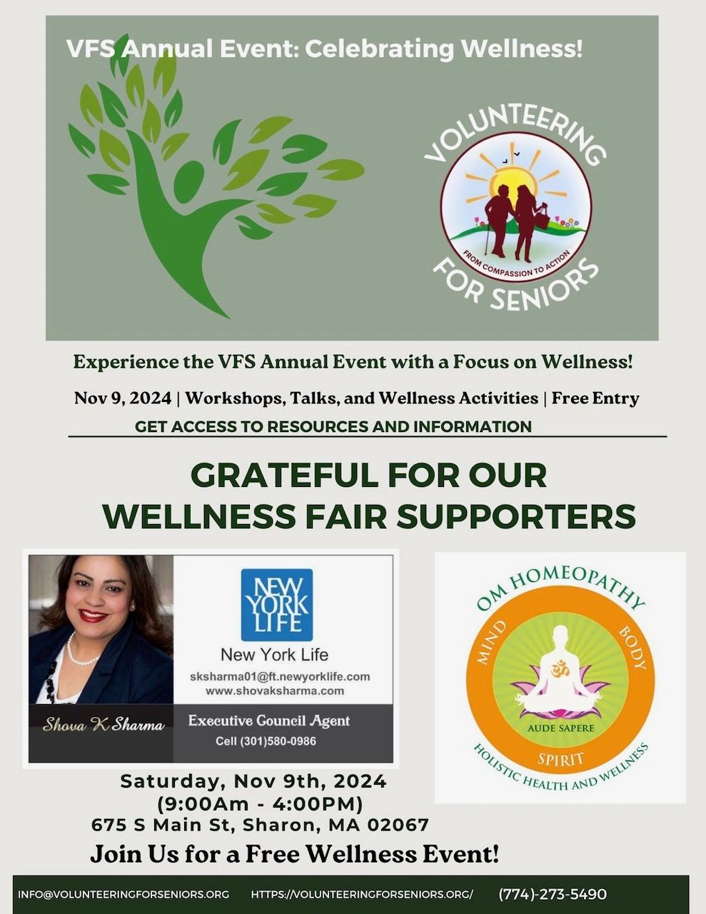 New York Life Insurance and Om Homeopathy logos on event posters.