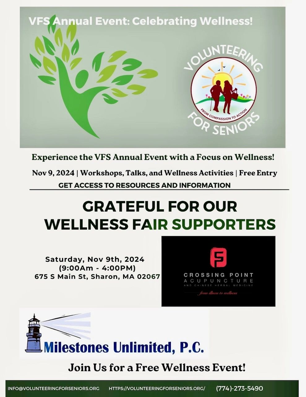 Crossing Point and Milestones Unlimited, P. C. logos on event poster.