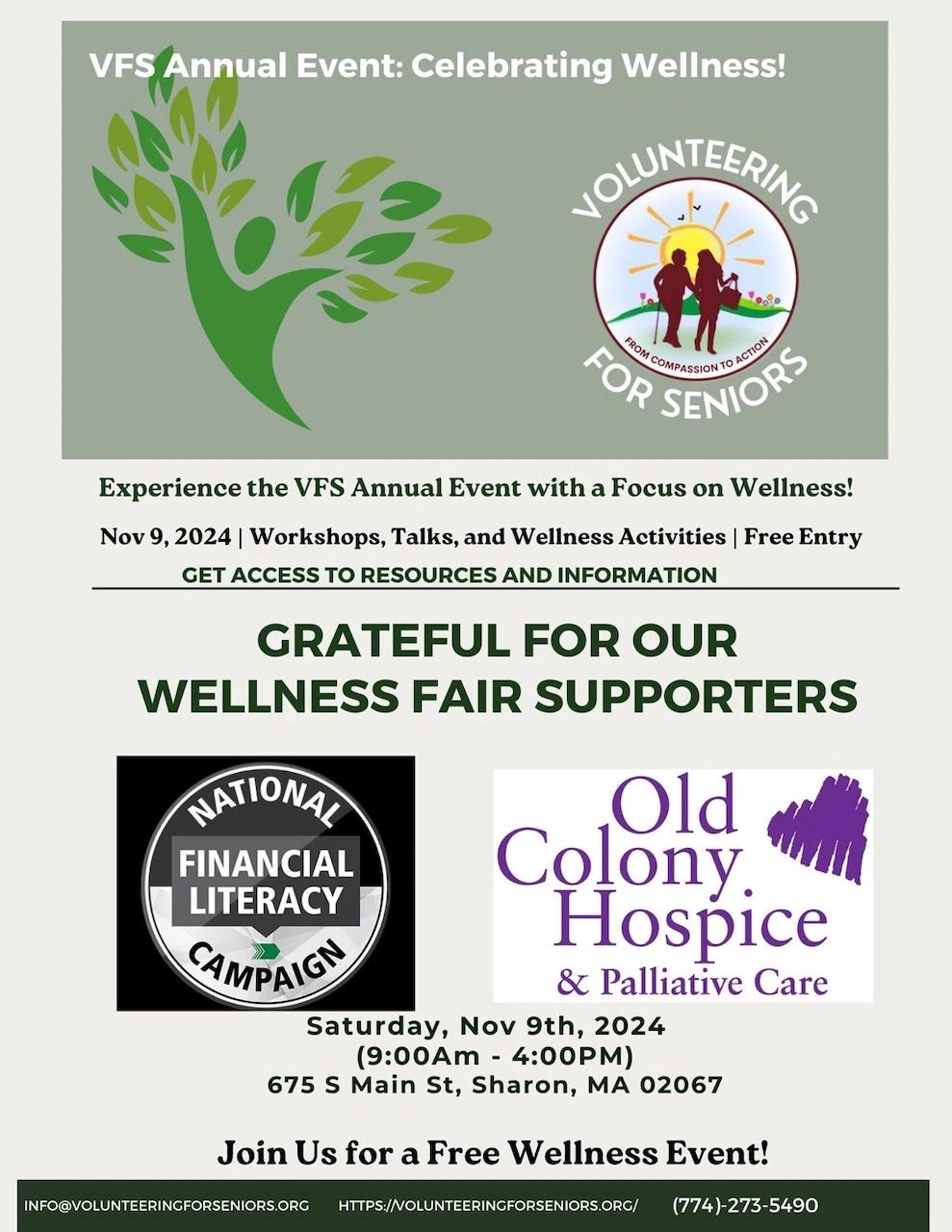 Old Colony Hospice & National Financial Literacy Campaign logos on event poster.