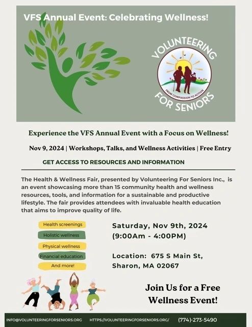 Poster for VFS Annual Event Celebrating Wellnes! Green ghostly image of person floating with green leaves extending from raised arms.