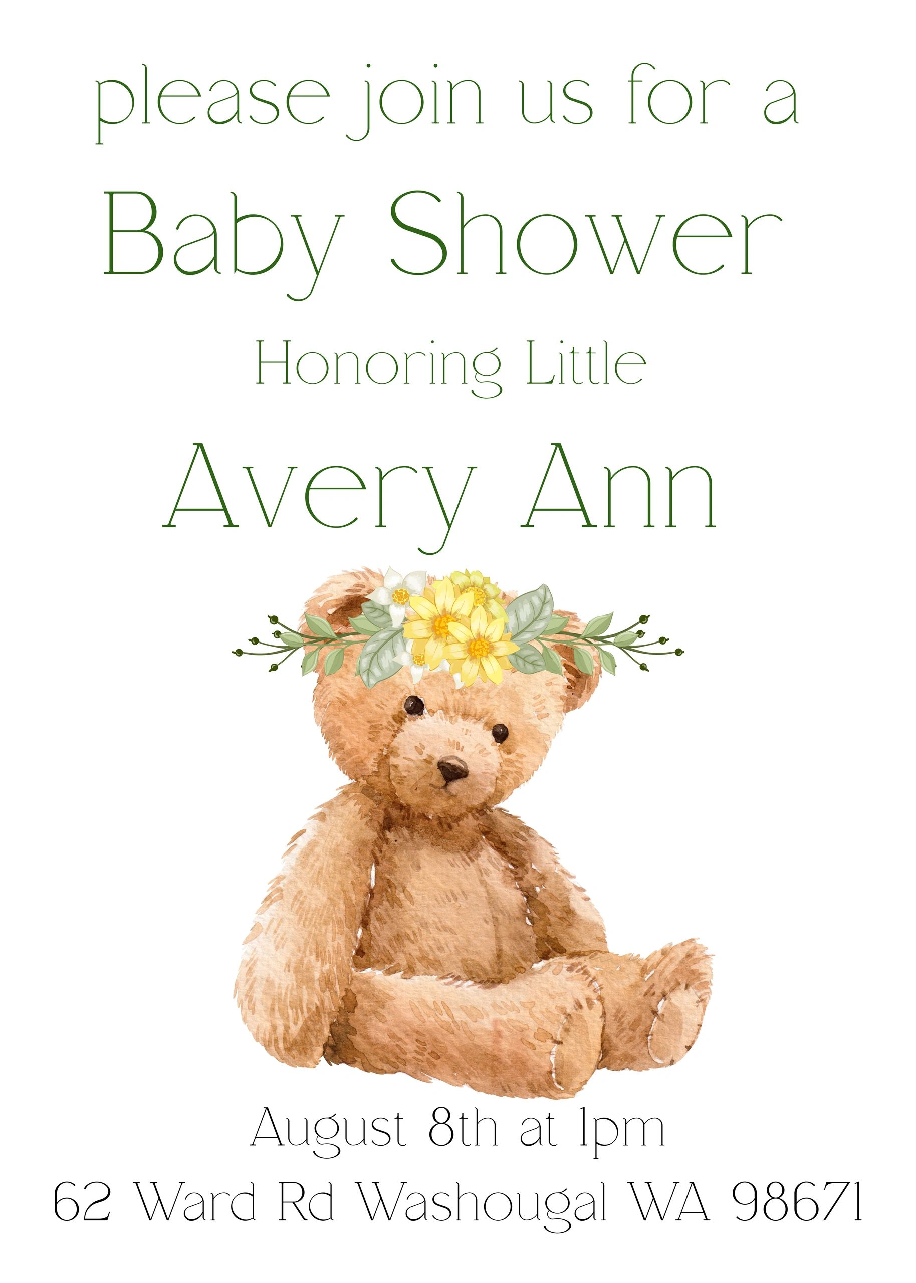 Baby shower invitation with teddy bear and floral crown for Avery Ann.