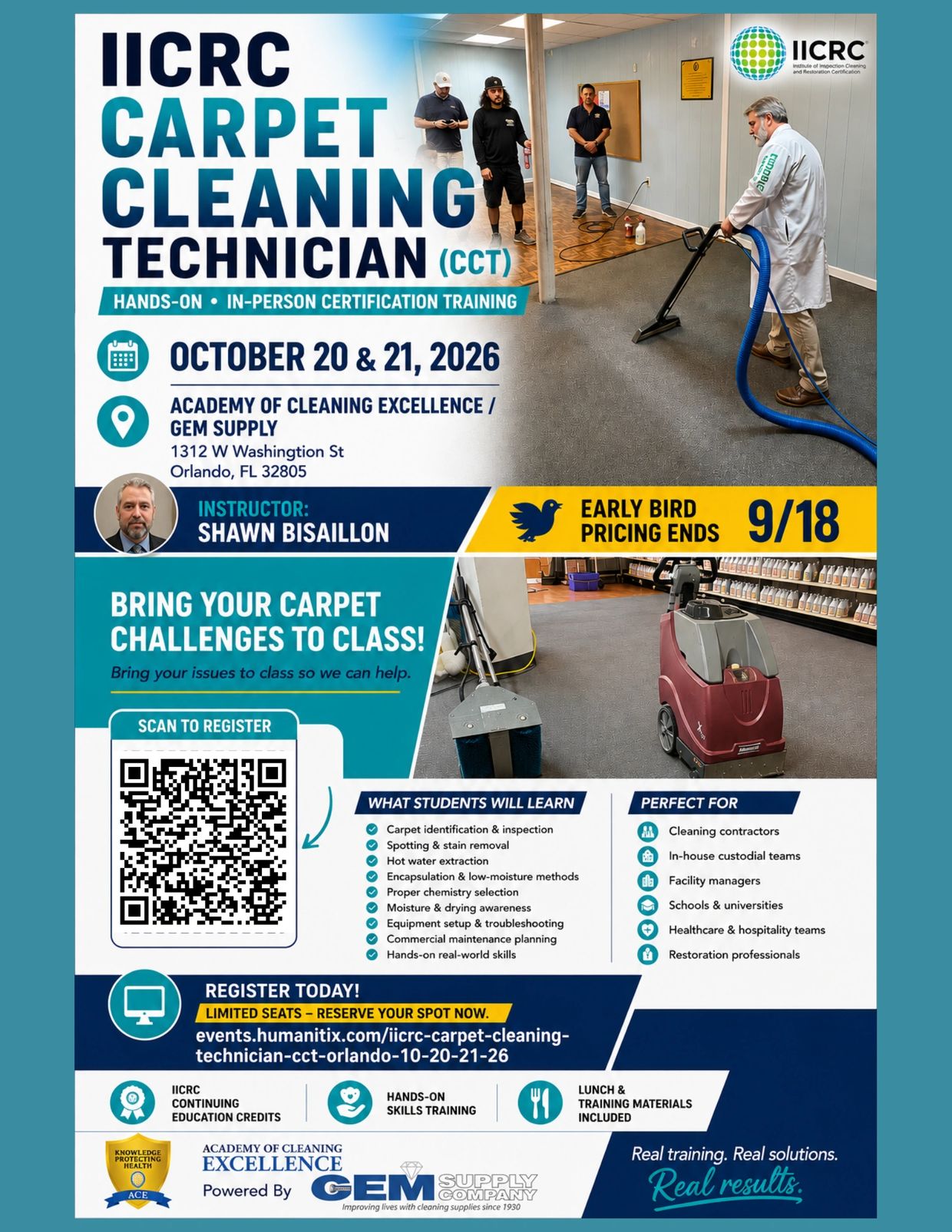 IICRC carpet cleaning technician certification training details for October 2026 in Orlando.