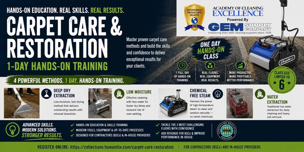 Carpet care and restoration 1-day hands-on training with 4 methods.