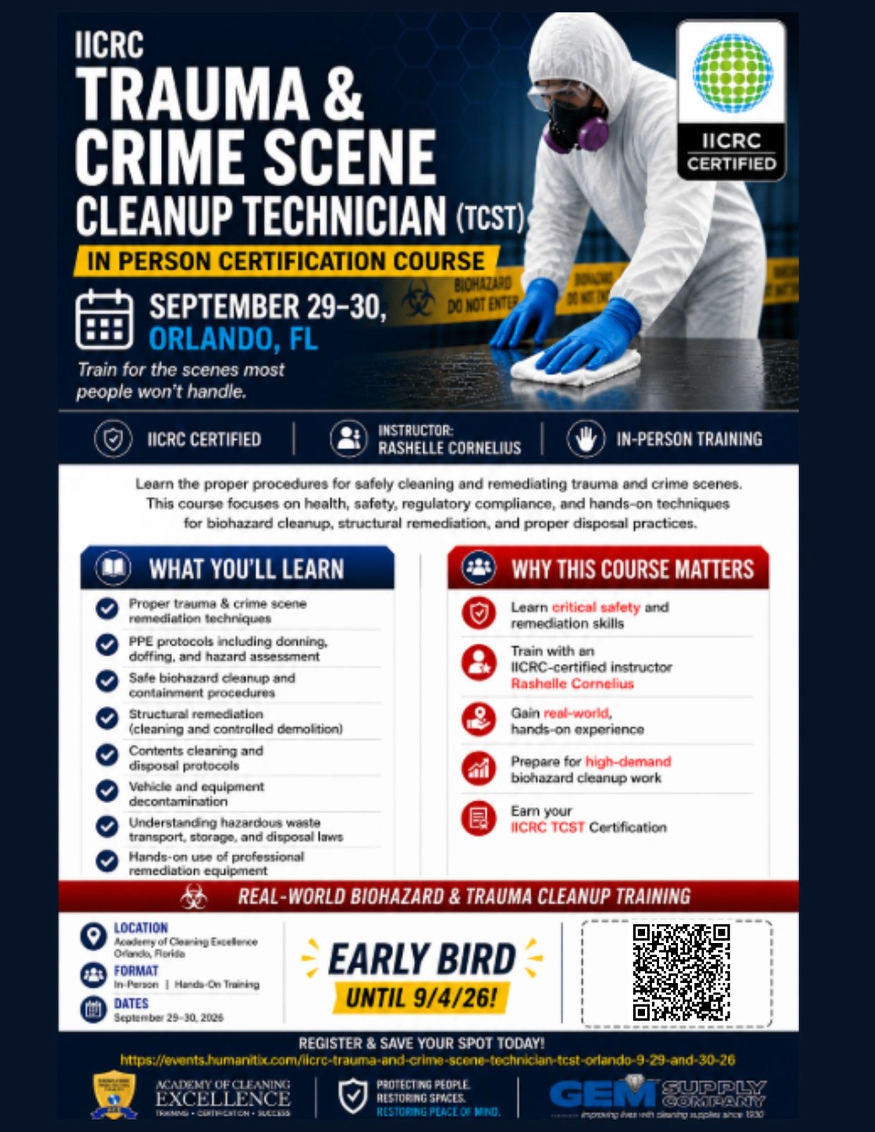 IICRC Trauma &amp; Crime Scene Cleanup Technician certification course in Orlando, FL, September 29-30.