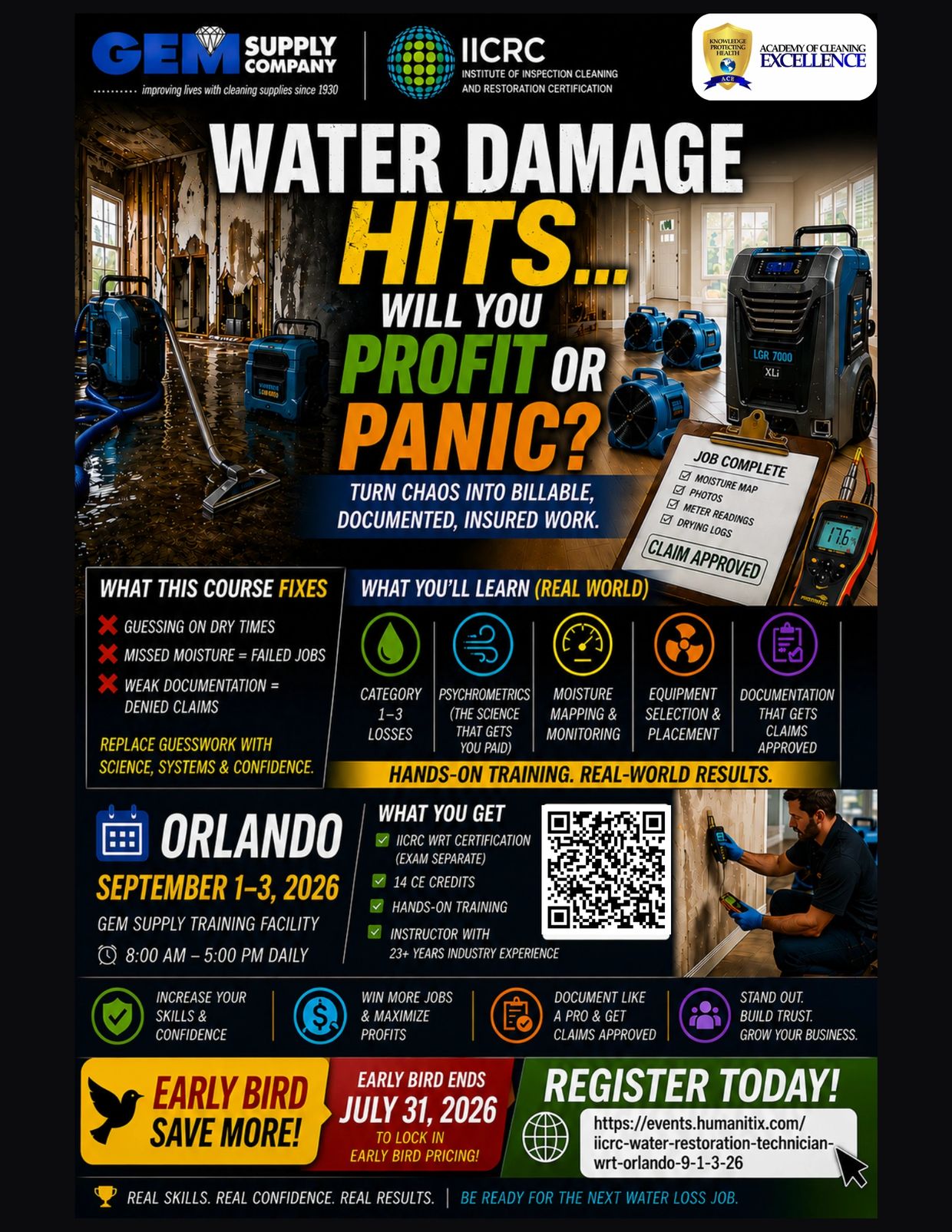 Water damage restoration training in Orlando, Sept 2026. Early bird ends July 31.