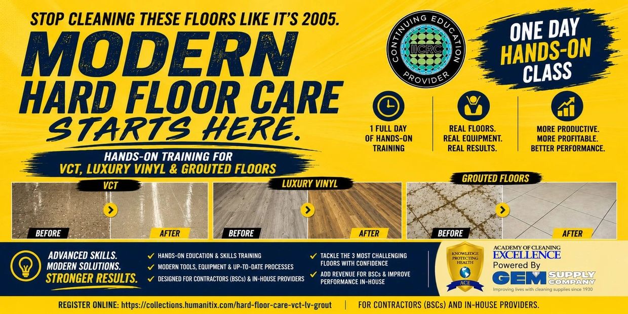 Modern hard floor care hands-on training for VCT, luxury vinyl, and grouted floors.