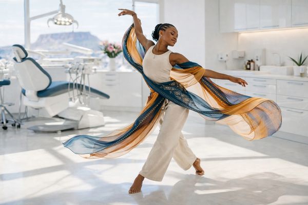A woman dances gracefully with a flowing scarf in a bright, modern room.